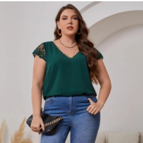 French Style Plus Size Embroidered Mesh V Neck Blouse, Dark Green, 2X / 3X - Picture 6 of 8